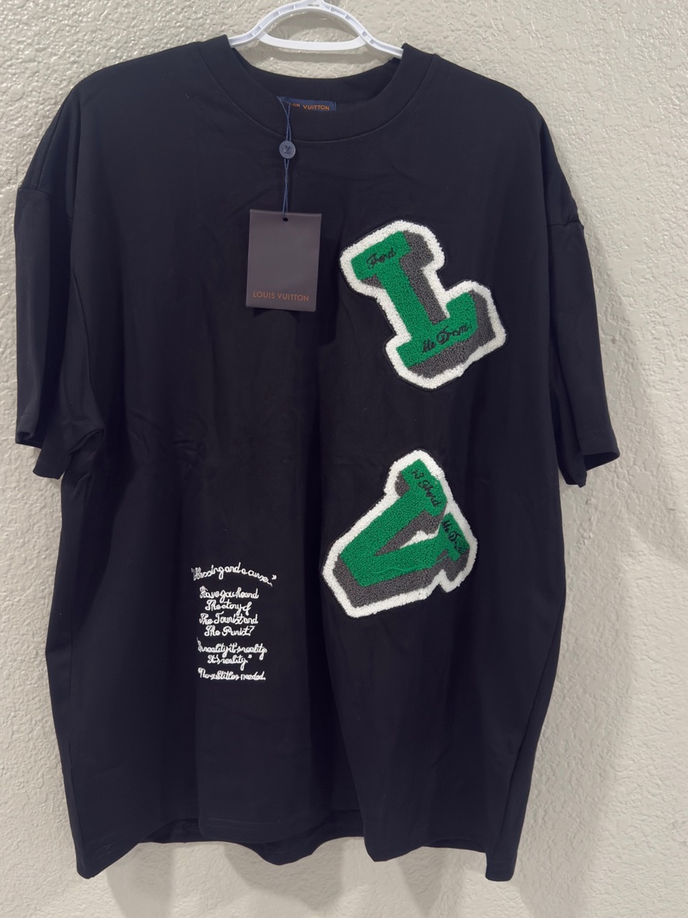 Louis Vuitton Black Short Sleeve Tee with Green Chenille Patches